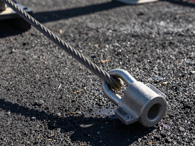 Close-up macro shot of heavy rigging gear, thick steel cables and massive shackles connected to an outrigger pad, extended on wet volcanic soil, low winter sun casting long shadows.