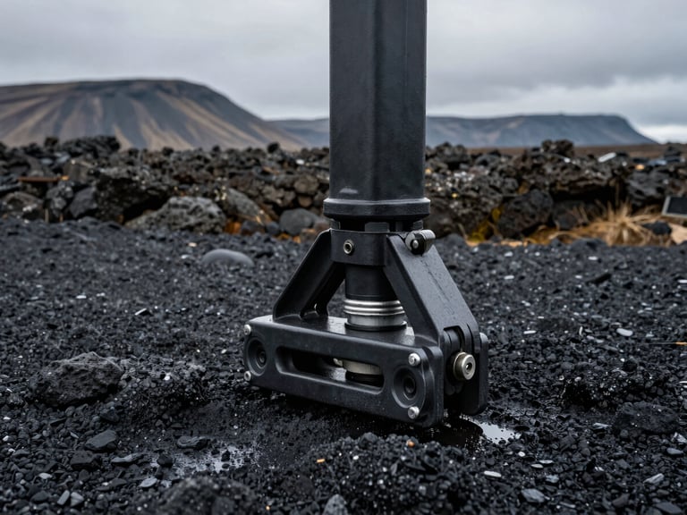 Close-up of a heavy crane outrigger fully extended and locked onto wet, dark volcanic gravel in Iceland, dramatic overcast lighting, rugged basalt mountains blurred in the far background.