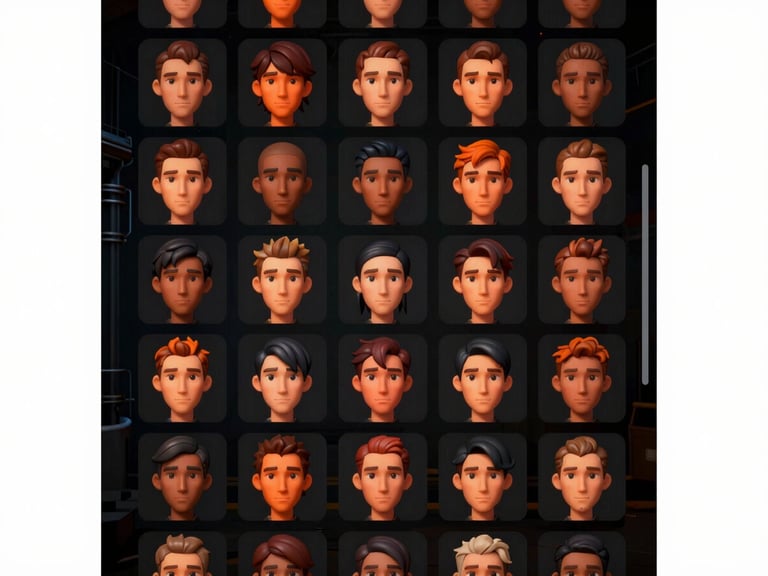 Close-up of a character customization interface showing various skin tone and hair color options for a caricature, industrial lighting, high-contrast, burnt orange and deep black tones.