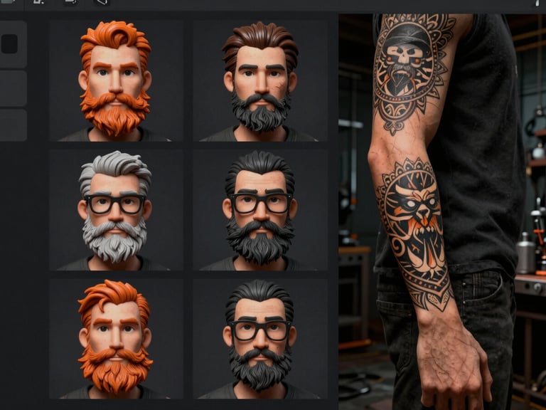 Macro shot of a character customization screen highlighting options for facial hair, glasses, and intricate tattoo designs on a caricature's arm, gritty editorial style, high contrast.