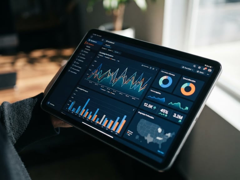 Close-up of a clean dashboard interface displaying real-time marketing attribution data on a tablet, sharp focus, natural daylight, high-contrast shadows