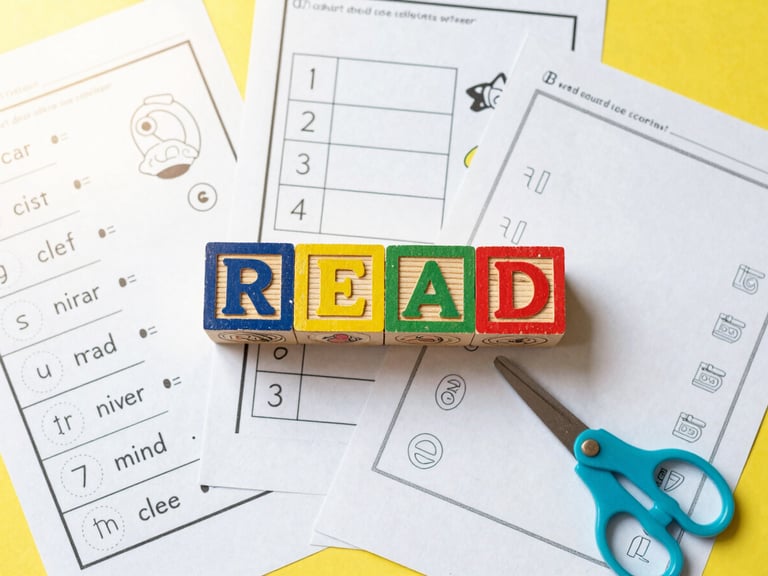Top-down flat-lay of colorful children's English worksheets, wooden alphabet blocks spelling 'READ', and a pair of child-safe scissors on a bright yellow surface, soft morning daylight.
