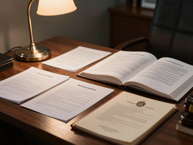 Panoramic detail of a lawyer's desk — estate planning documents and property title folders spread under a warm tungsten desk lamp, a statute volume open to a marked page, no people, quiet office environment