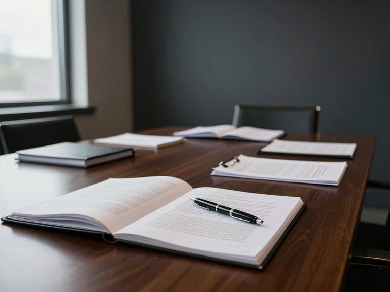 Close wide shot of a conference table set for an administrative hearing — legal folders open, a pen resting on a printed statute page, overcast window light from the left, deep charcoal wall in the background, no people