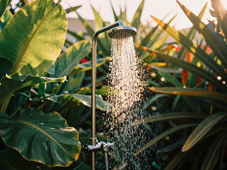 Candid shot of an outdoor shower surrounded by lush tropical plants, golden-hour sunlight, rich saturated tones, 35mm film aesthetic.