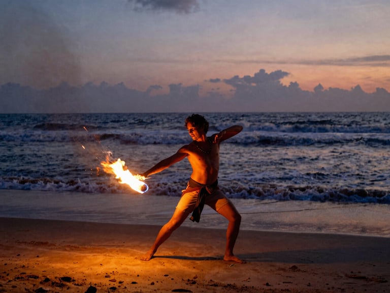 A skilled fire dancer performing on an Anjuna beach at twilight, glowing embers trailing in the deep ocean air, warm dramatic lighting, candid action shot.