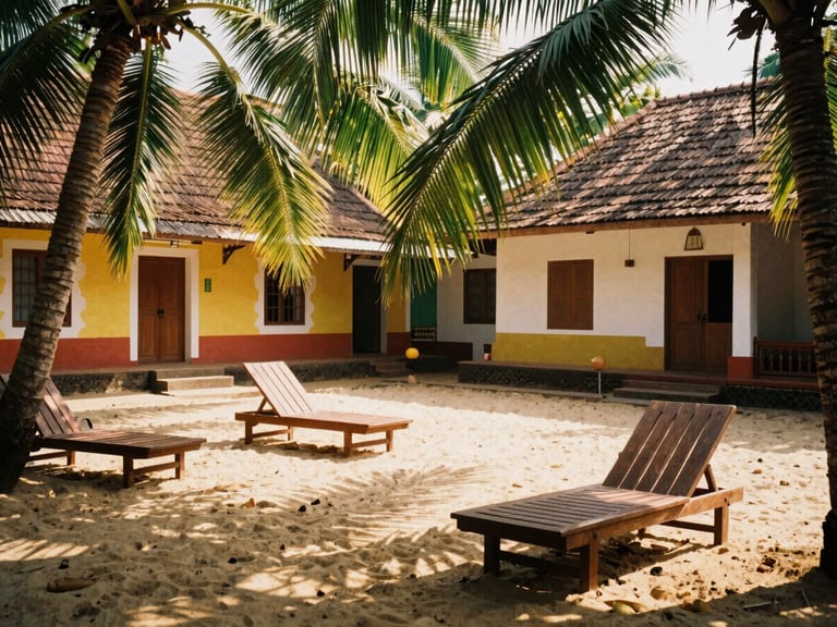 Candid shot of a private sandy courtyard with wooden lounge chairs, dappled light through palm leaves, colorful Goan architecture, 35mm film aesthetic.