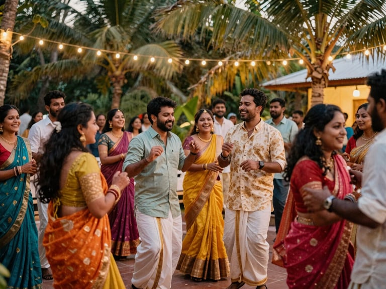 A high-energy Goan wedding dancefloor under warm outdoor string lights, guests laughing and dancing, vibrant tropical colors, film aesthetic.