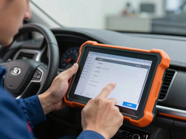 Close-up of a mechanic's hands operating a tablet-based multi-brand diagnostic scanner, car dashboard in background, bright workshop lighting, industrial charcoal and orange accents, sharp focus, 35mm lens.