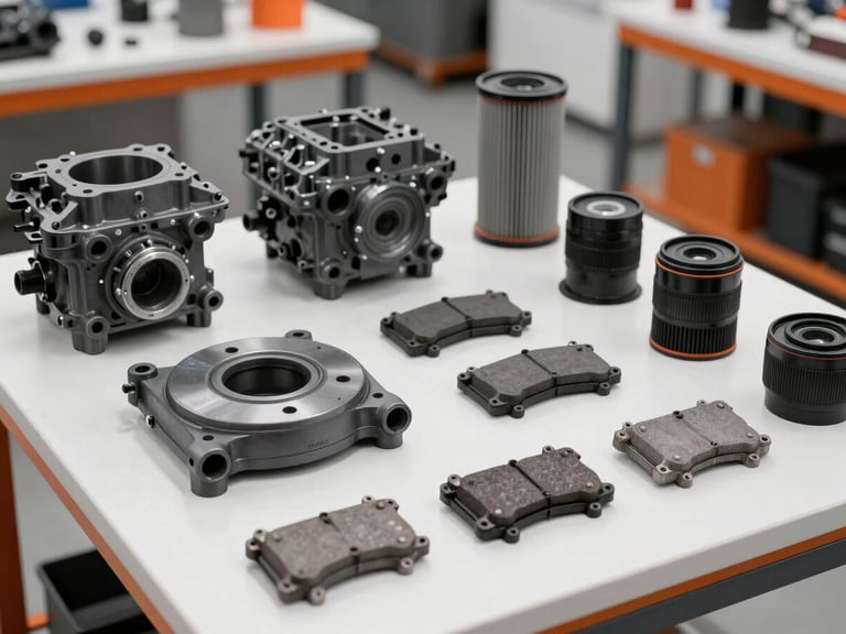 Neatly arranged new car parts on a clean workbench, engine components, filters, and brake pads, bright workshop lighting, industrial charcoal and orange accents, sharp focus, 35mm lens.