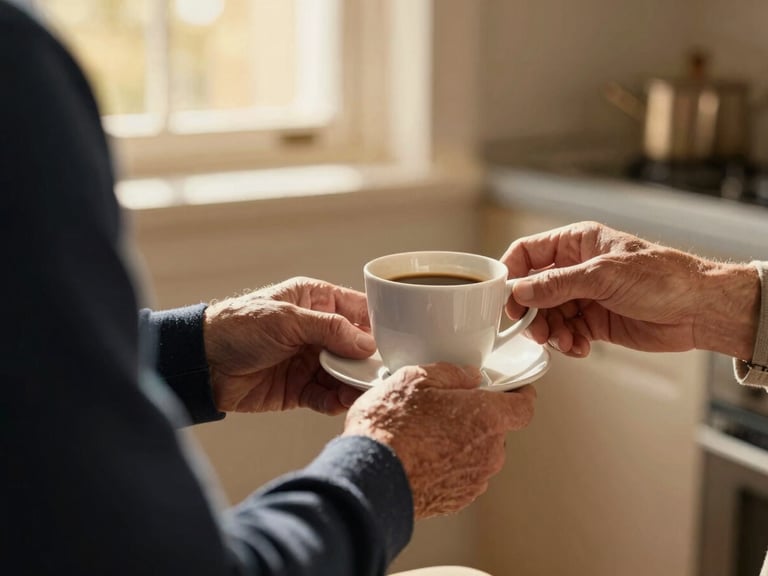 Close-up of a caregiver's hand gently assisting an older man with his morning coffee, focus on the warmth of the interaction, sunlit kitchen, rich deep navy and soft gold tones, shallow depth of field, 35mm.