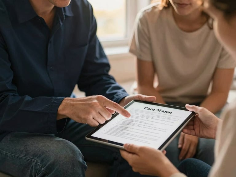 Caregiver and family member reviewing a personalized care plan document on a tablet, hands pointing to details, warm home setting, soft window light, rich deep navy and soft gold tones, shallow depth of field, 35mm.