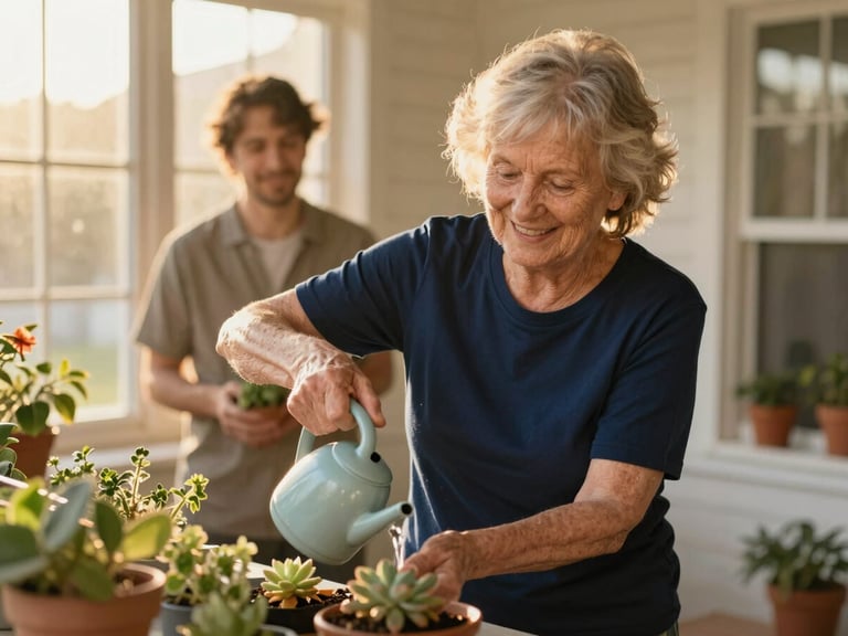 Older woman smiling while watering plants on her sunlit patio, caregiver discreetly in background, focus on independent activity, golden-hour window light, rich deep navy and soft gold tones, shallow depth of field, 35mm.