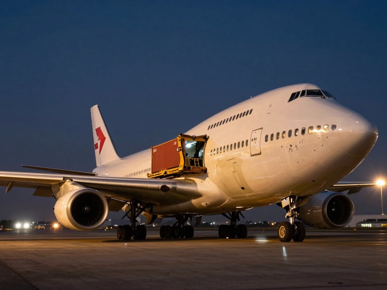 Low-angle dramatic shot of a Boeing 747 freighter aircraft being loaded with cargo containers at dusk, bright runway lights, metallic textures, high contrast.