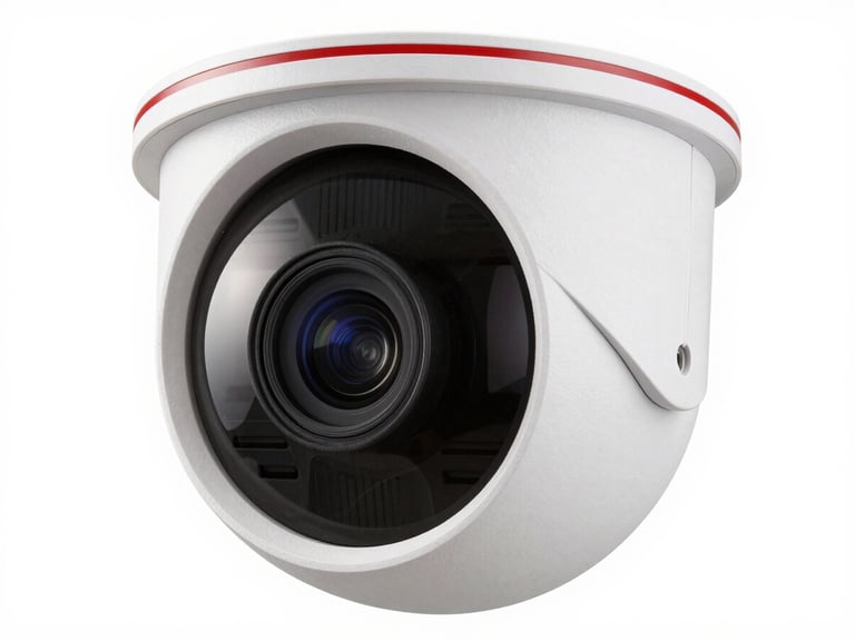 Close-up shot of a sleek, white indoor dome surveillance camera, lens prominent, on a clean background. Sharp product photography, bright clean studio lighting, white and crimson accents, high-contrast, professional security tech aesthetic, 50mm.