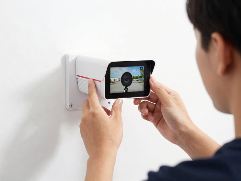 صورة مقربة ليد فني تضبط عدسة كاميرا مراقبة مثبتة على جدار، شاشة صغيرة تعرض زاوية الرؤية، إضاءة نهارية.