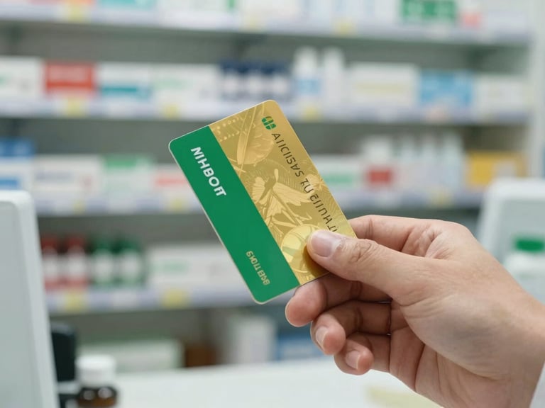 Close-up of a physical green and gold card being handed over to a pharmacist in a bright, clean rural pharmacy, natural daylight