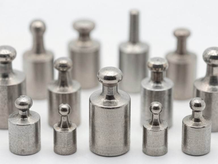 Macro shot of stainless steel calibration weights arranged in a precise clinical grid, bright neutral studio lighting, sharp technical focus
