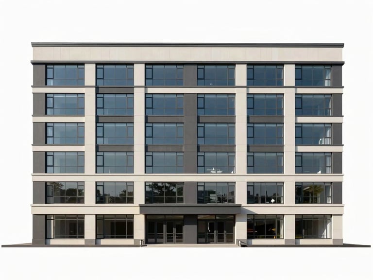 Full elevation drawing of a four-story commercial building, flat studio lighting, window grid and facade material zones annotated, straight-on framing, no staging or people