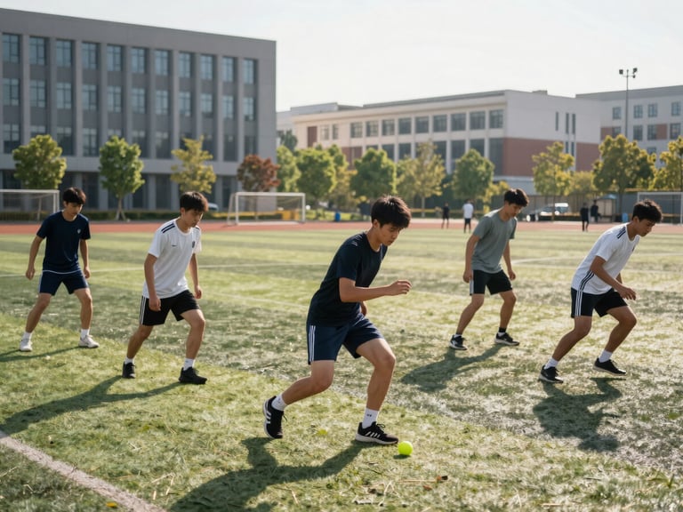 An outdoor sports field on the campus during bright daylight, students in athletic wear training with discipline, modern campus buildings visible in the distance.