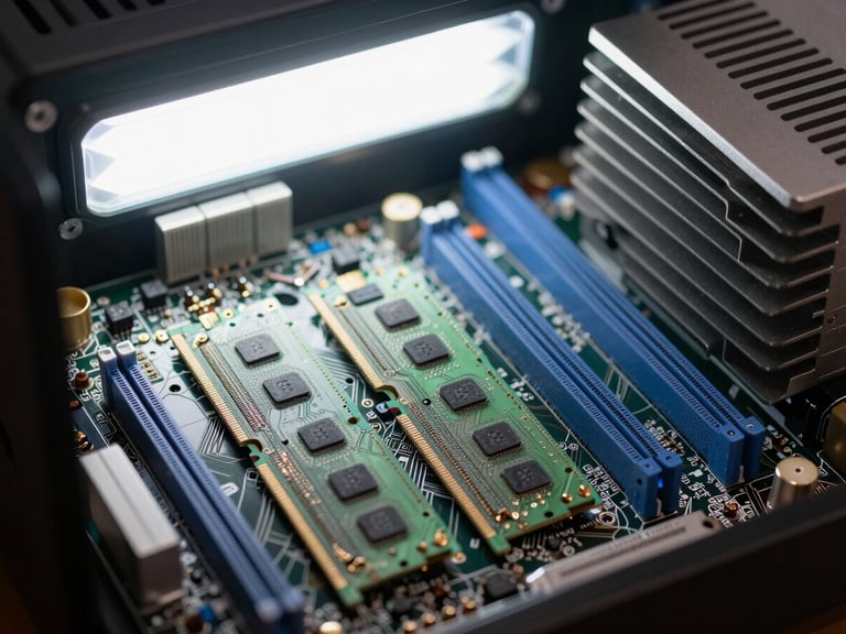 Close-up overhead shot of a server motherboard with four RAM modules seated in slots, a large CPU heat sink visible at the right edge, cool fluorescent lighting from above casting crisp shadows across circuit traces and component labels, shallow depth of field with the nearest RAM stick in sharp focus