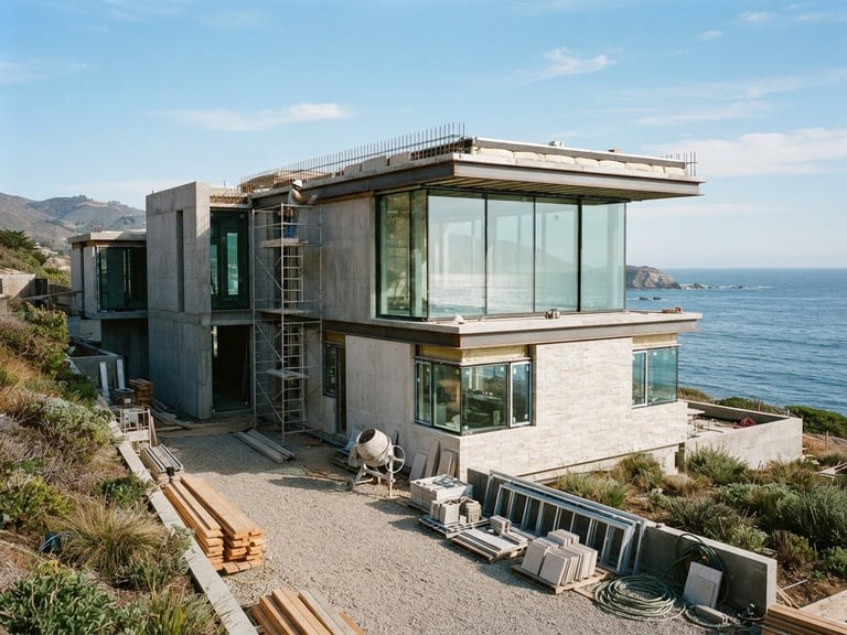 architectural photography, bright natural coastal daylight, clean minimalist composition, high-end modern house under construction with clean organized site, sharp structural lines, 35mm