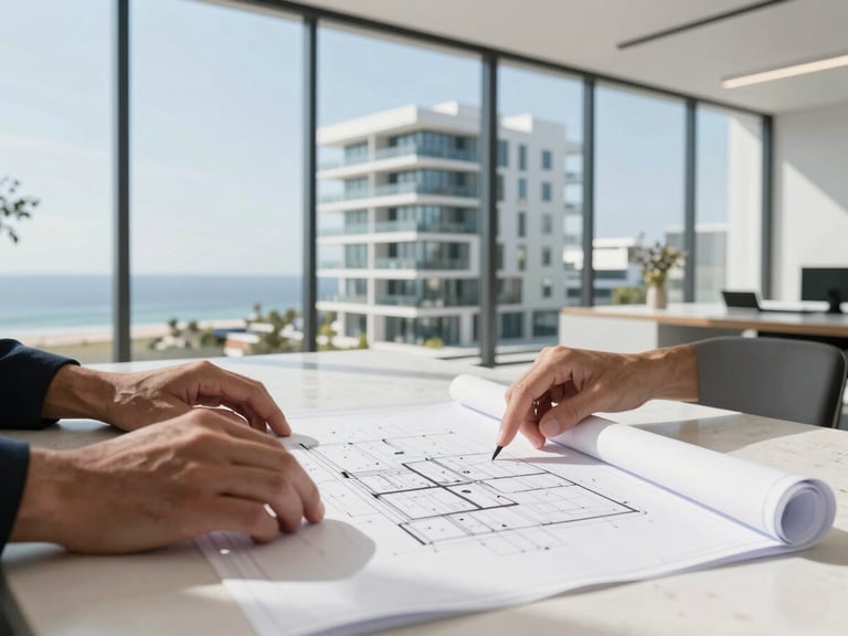 architectural photography, hands reviewing a clean technical blueprint on a white stone table, modern architectural office, natural light, 35mm