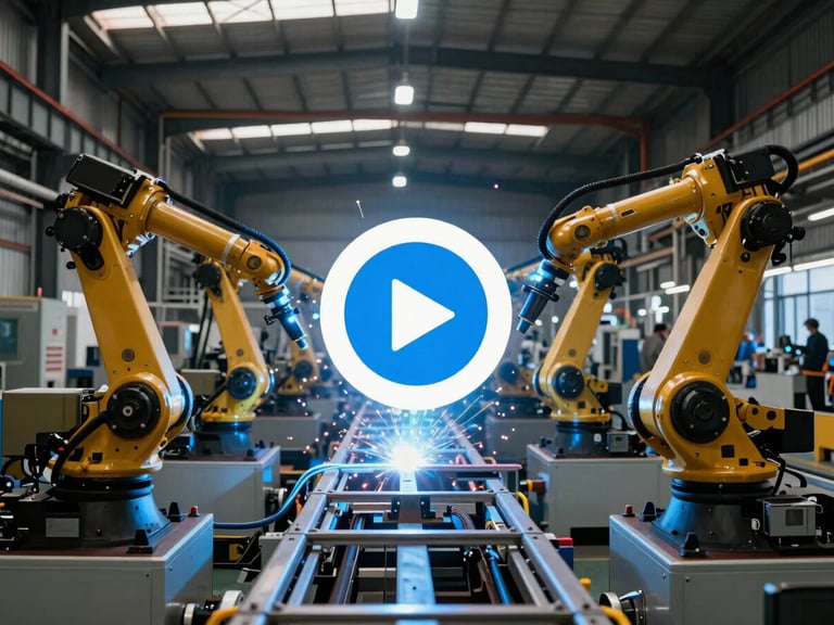 Wide environmental factory view of Zhaoqing Chaoqun workshop, modern production line with welding robots, overlay play button icon in the center, industrial lighting.