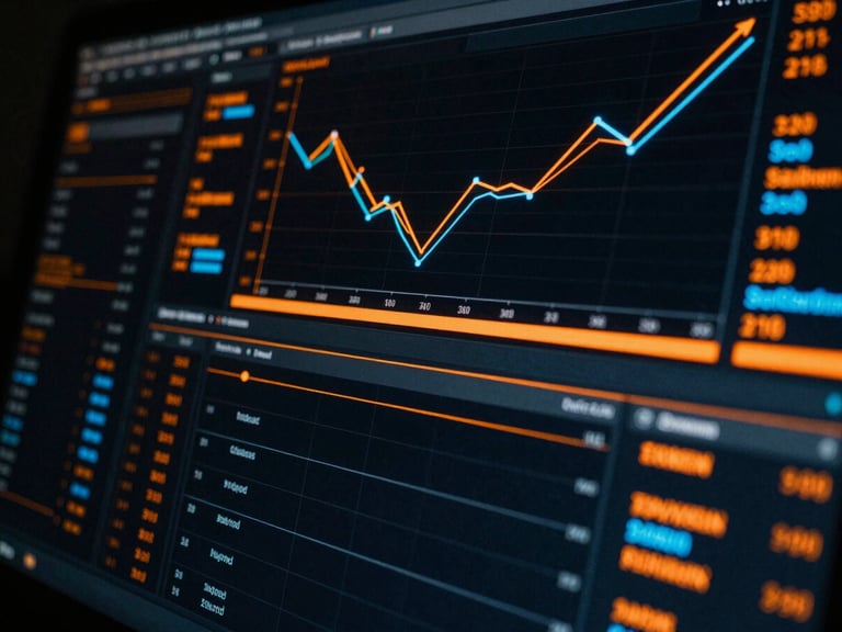 Close-up of a sleek digital advertising dashboard on a dark screen with vibrant orange and electric blue data visualization lines