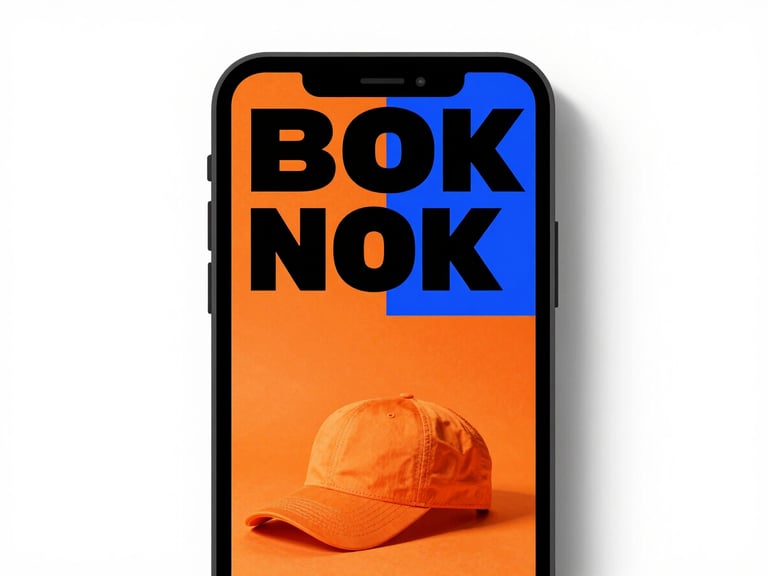 High-contrast mockup of a brutalist mobile e-commerce interface with bold black typography and vibrant orange product shots