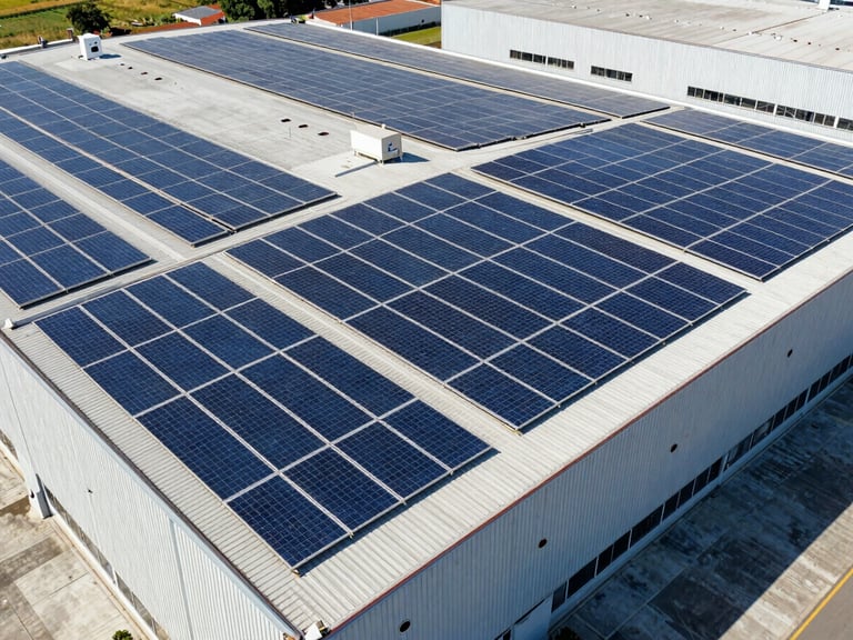 Drone view of massive industrial warehouse roof in São Paulo covered in solar panels under bright direct sunlight, 35mm