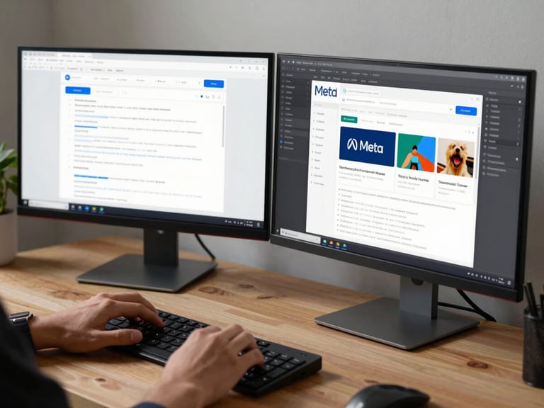 Medium-wide shot of a workspace in natural daylight, two monitors showing a Meta Ads campaign structure alongside an ad creative draft in progress, hands on keyboard, no faces, editorial framing
