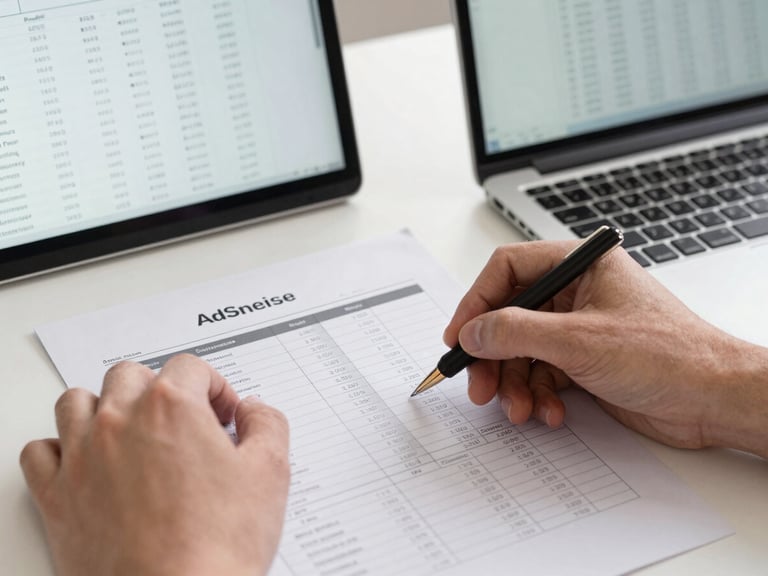 Close-up of hands annotating a printed AdSense placement report on a desk, a laptop open beside it showing inventory data, clean studio lighting, no glare on screen