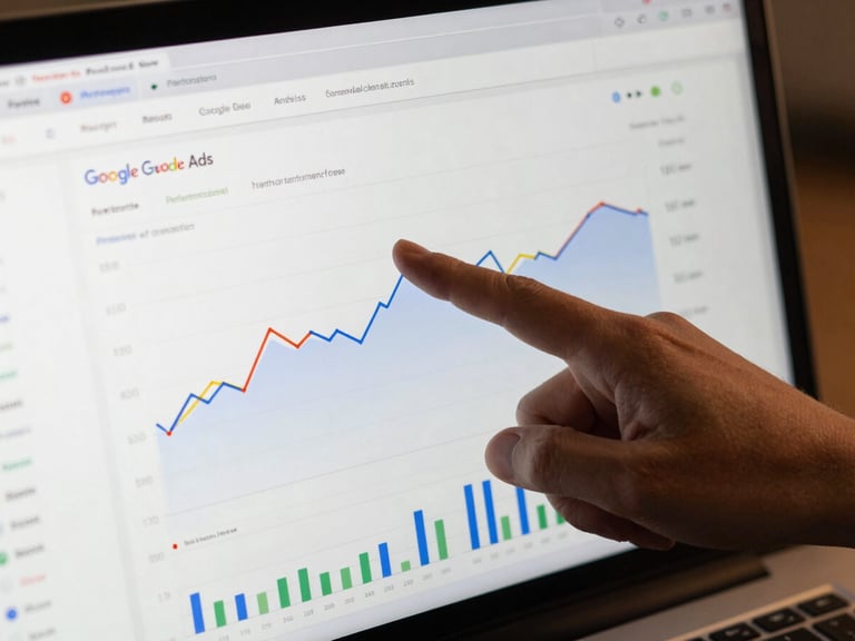 Close-up of a Google Ads performance dashboard on screen mid-analysis, a hand pointing at a conversion rate line graph, clean studio lighting, screen fully legible, no glare
