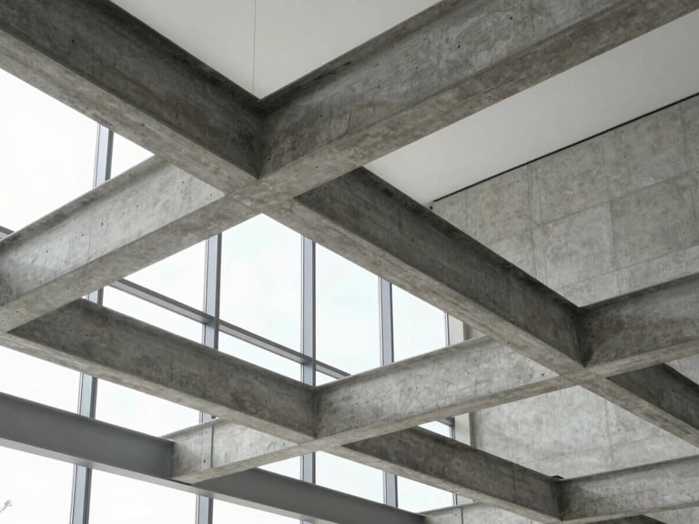 Modern architectural detail of concrete and steel beams inside a Silicon Valley office, bright indirect daylight, cool desaturated tones