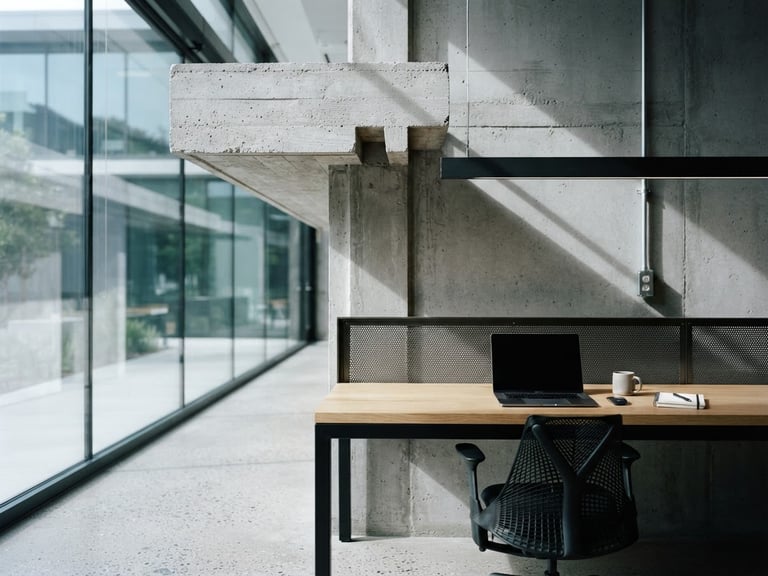 Modern architectural detail of a Silicon Valley workspace interior, clean concrete lines, sharp daylight, cool desaturated tones with high contrast