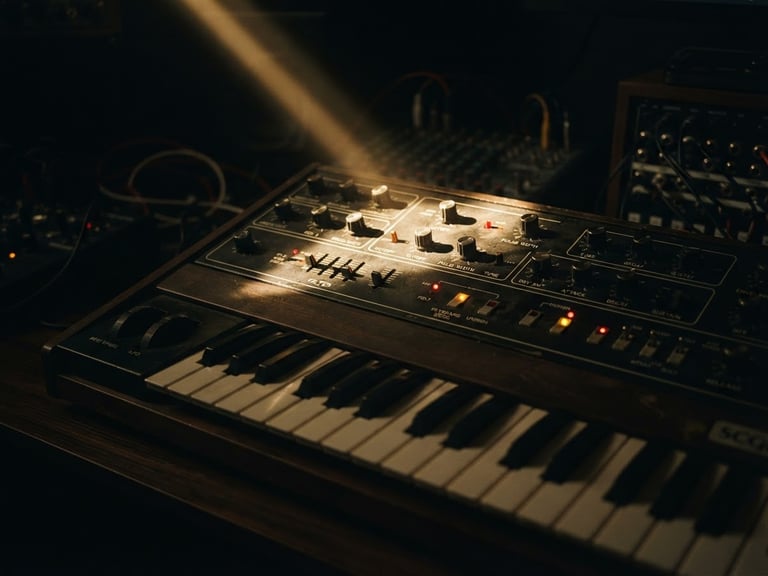 Moody cinematic close-up of a vintage analog synthesizer, single shaft of warm gold light cutting through deep shadows in a dark studio, anamorphic lens, 35mm film grain