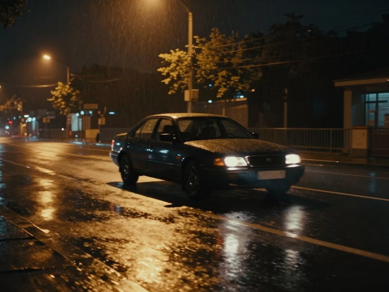 Cinematic wide shot of a film scene, a dark car driving through a rain-slicked city at night, reflecting warm gold streetlights, anamorphic lens