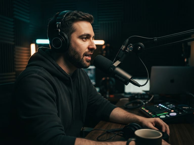 Cinematic close-up of a professional podcast studio setup, warm teal rim lighting, deep shadows, 50mm lens