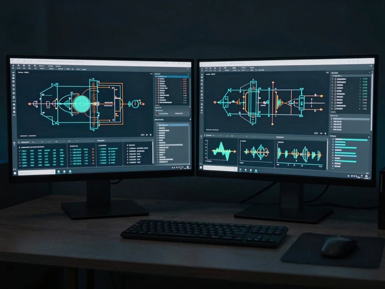 Dual monitors displaying technical architecture diagrams and data streams on a clean obsidian desk, cinematic low-key lighting