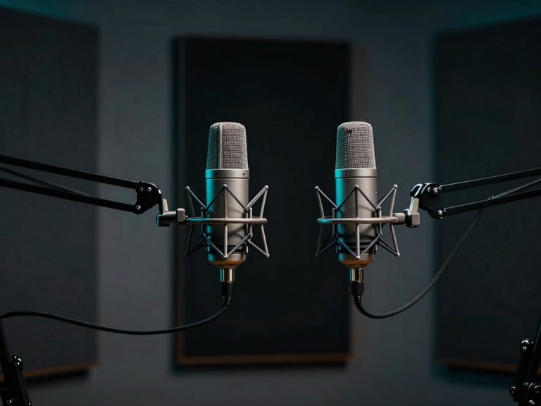 High-end professional podcast studio setup, dual broadcast microphones on boom arms, sound-dampened walls with moody dark shadows, subtle cool teal rim lighting, cinematic depth of field, 50mm lens