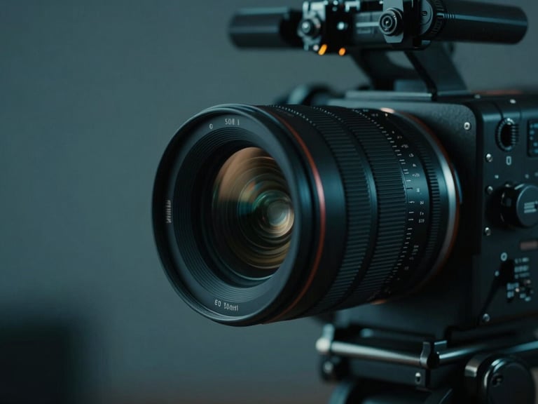 Close-up of a professional cinema camera lens, shallow depth of field, cool teal studio lighting, dark background, 50mm lens