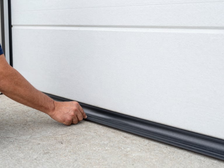 Close-up of a technician installing new rubber weather stripping along the bottom of a garage door, outdoor daylight, clean.