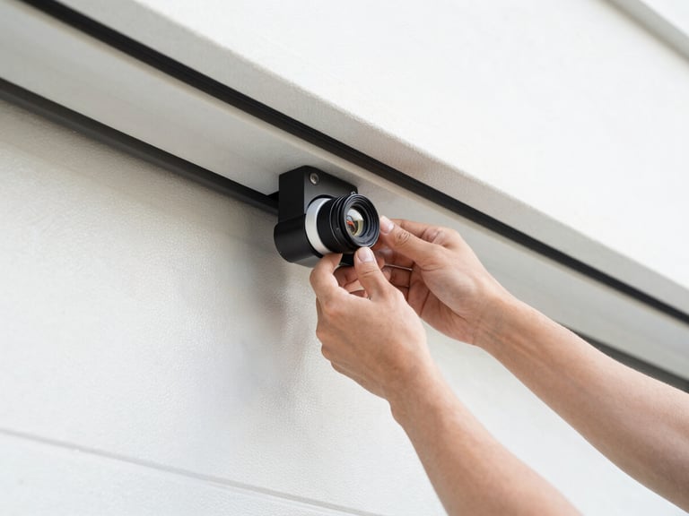 Technician adjusting a garage door safety sensor, low angle, showing the sensor and door track, bright light.