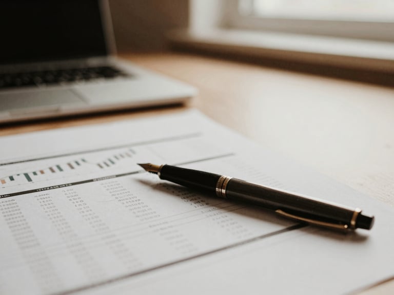 Close-up of a minimalist desktop with financial documents and a fountain pen, soft natural light, muted earth tones, shallow depth of field, warm editorial photography.