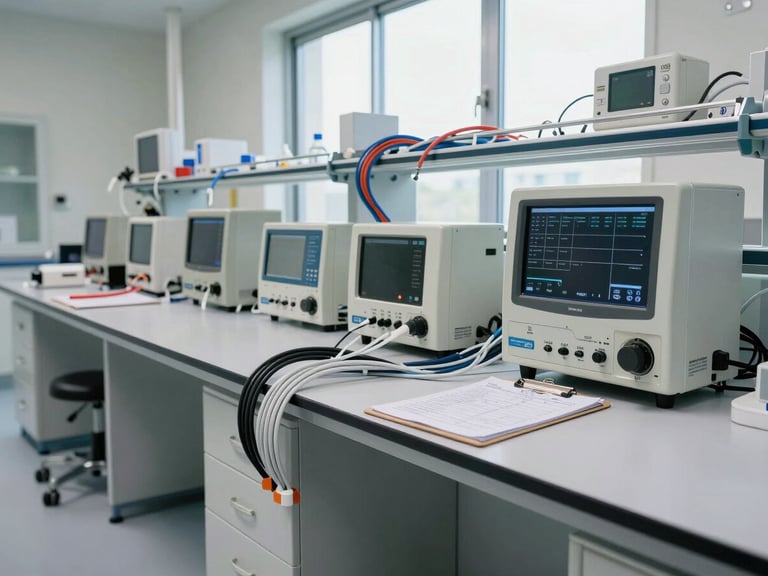 Wide environmental shot of a hospital laboratory mid-installation — equipment racks aligned on a white bench under north-facing window light, cable looms dressed neatly, a clipboard with regulatory checklist resting against the bench edge, no people visible