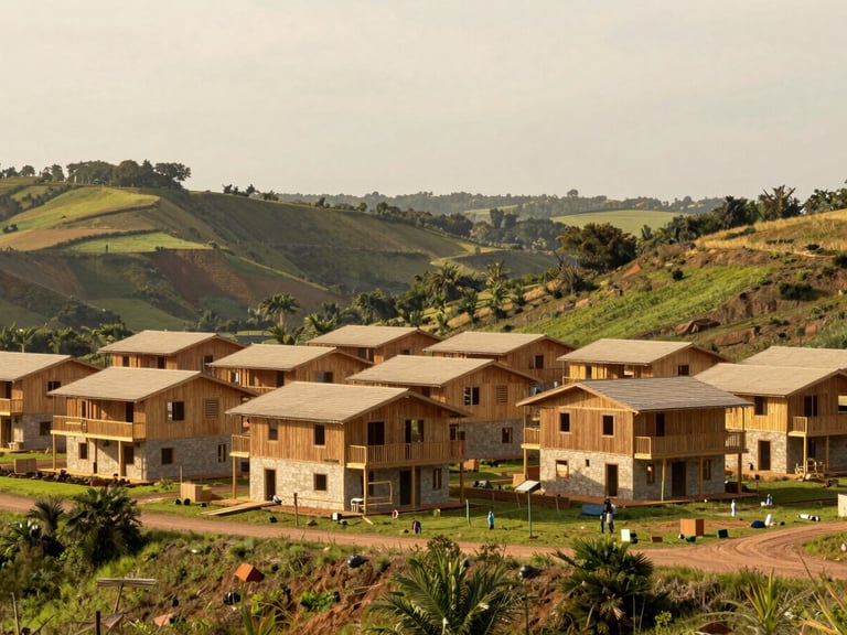 Wide-angle architectural documentary photograph of finished sustainable housing units integrated into a lush green valley, warm overcast daylight, soft earthy tones