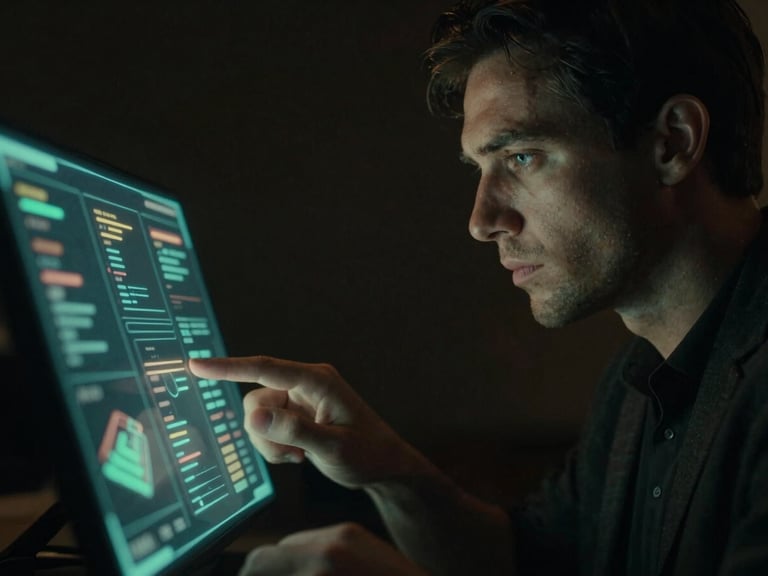 Cinematic close-up of a male creator interacting with a holographic interface, low-key lighting, deep charcoal and emerald green tones, high contrast, 35mm film grain.