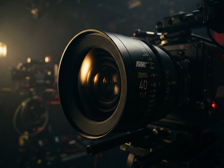 Wide anamorphic composition, extreme close-up of a high-end cinema camera lens reflecting gold key light in a dark, hazy studio, low-key dramatic lighting.