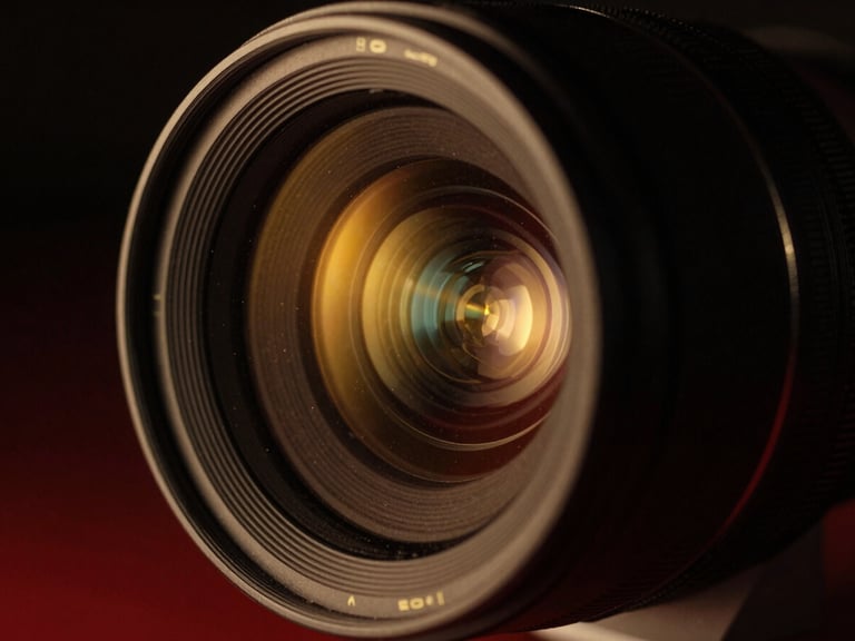 Extreme close-up of a high-end cinema lens, dust particles catching a sharp gold key light in a dark studio, anamorphic reflections, shallow depth of field